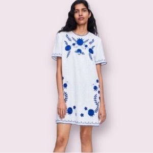 Zara White Linen Blue Embroidered Floral Dress